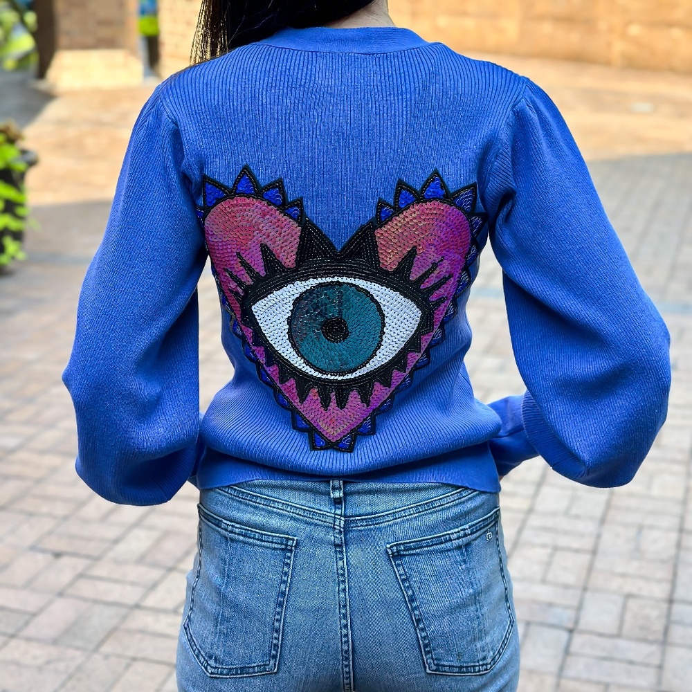 Blue Cardigan Puffed Sleeve with  Sequin Pink/Blue Heart Eye